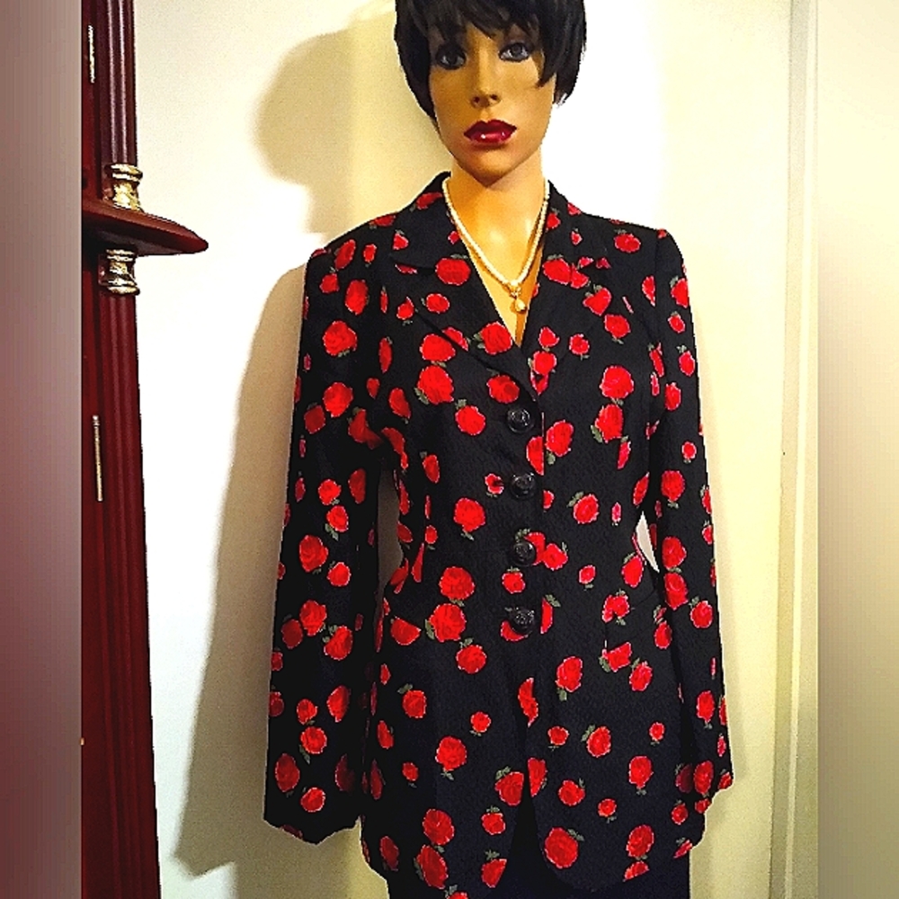 RENA LANGE M SILK JACQUARD ROSE FLORAL SIGNATURE BUTTONS JACKET